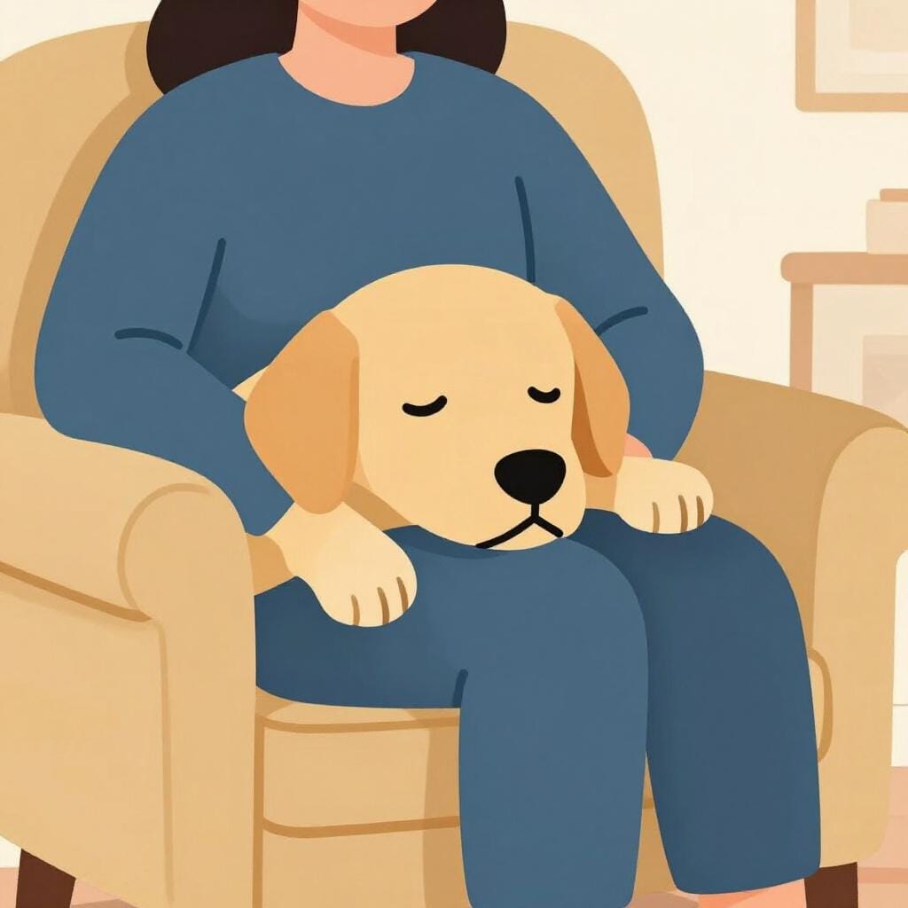 飼い主の膝に頭を乗せて休む忠実な犬。深い愛情と忠誠心を示している。