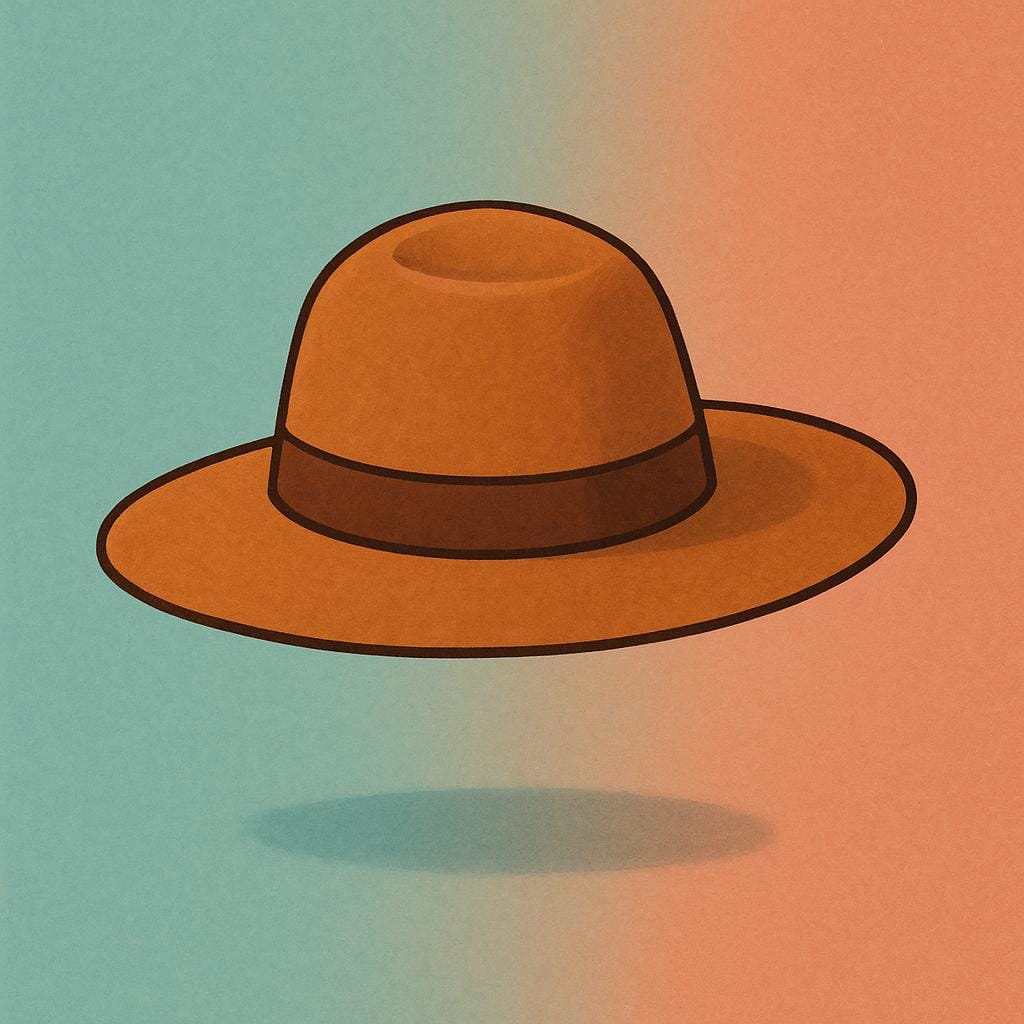 Un cappello marrone semplice a tesa larga mostrato in primo piano su uno sfondo colorato.