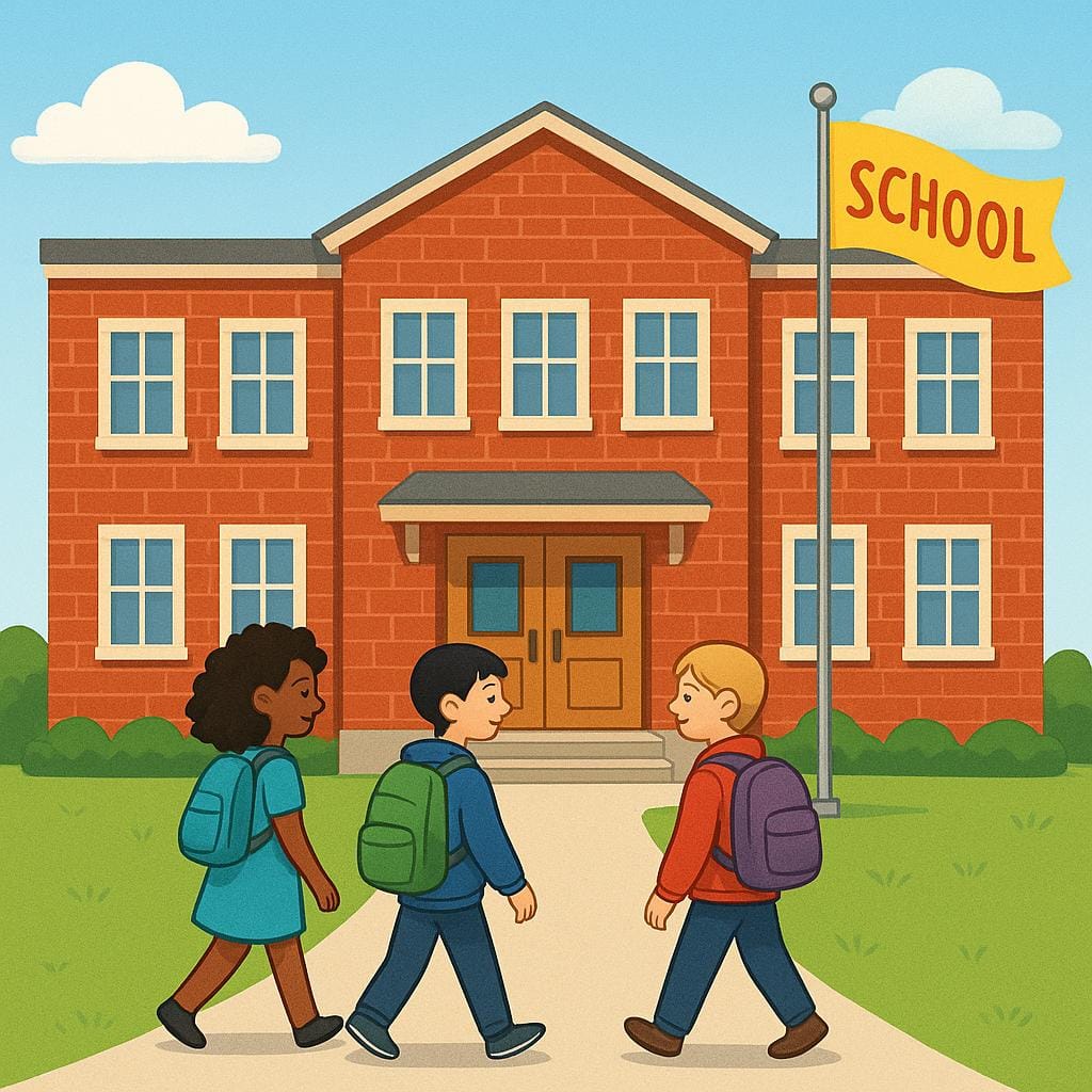 Uma ilustração colorida de um livro de histórias retratando um prédio escolar tradicional de tijolos de dois andares com janelas altas e um mastro de bandeira proeminente. Três adolescentes carregando mochilas estão caminhando em direção à entrada.