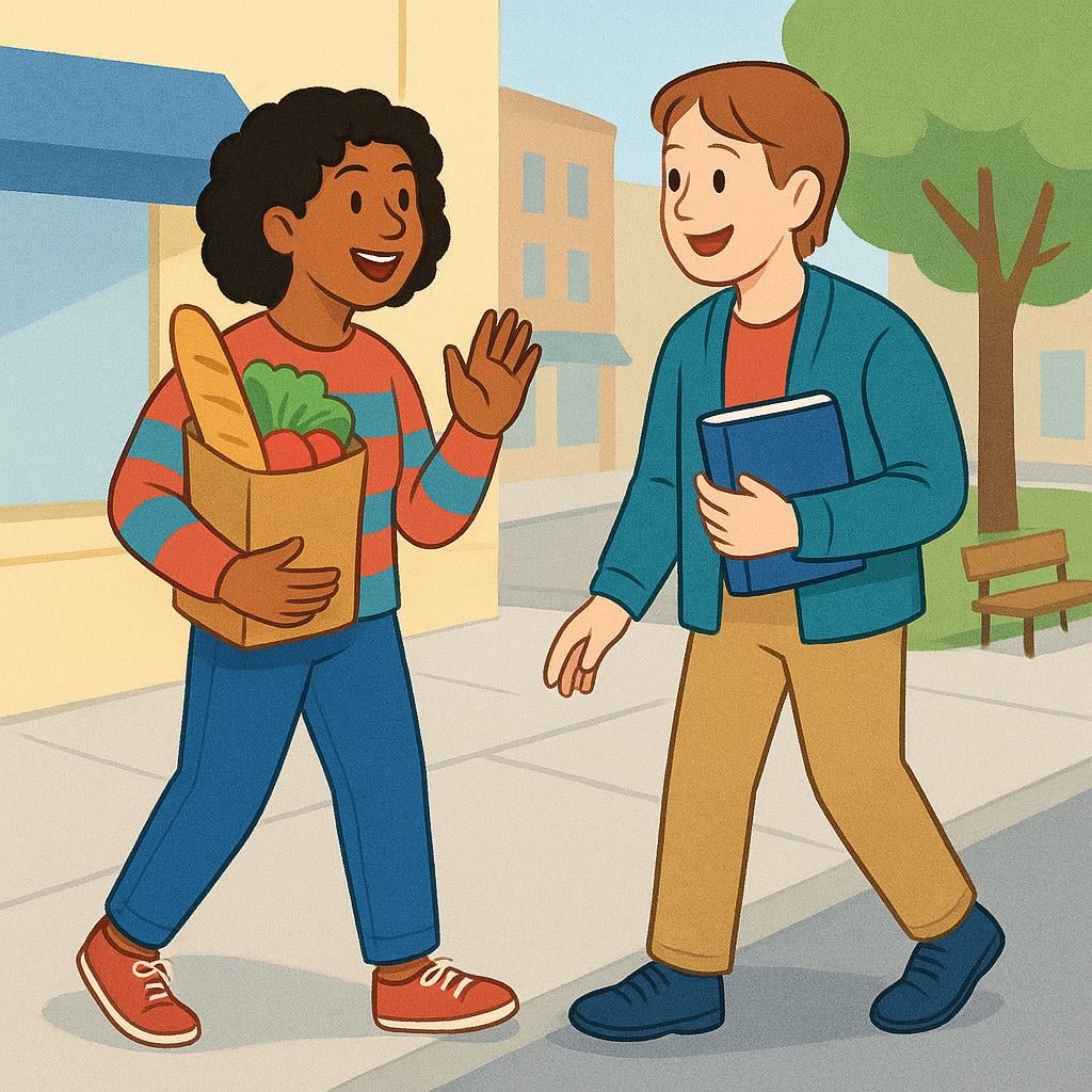Two adult friends, one holding groceries and the other holding a book, smiling brightly as they unexpectedly meet face-to-face on a sidewalk.