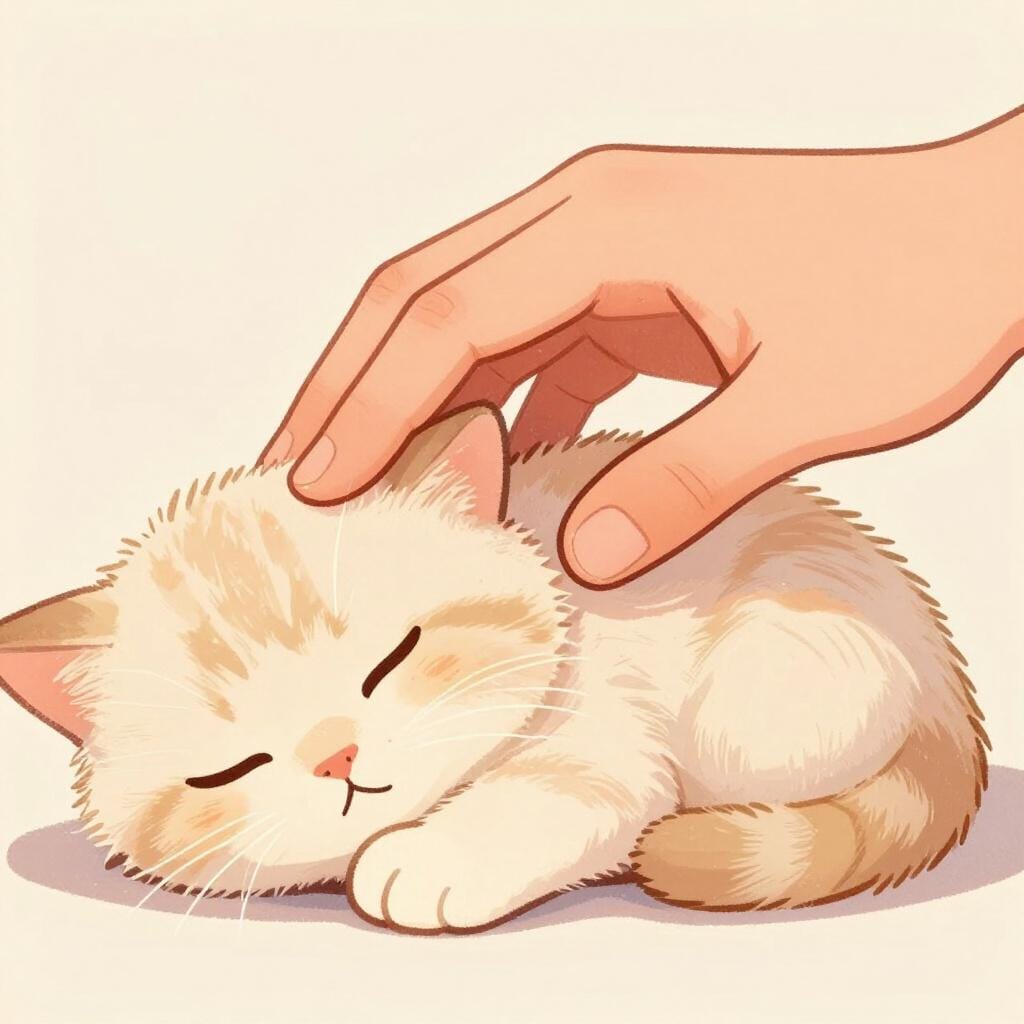 A gentle illustration of a person's hand softly stroking a small kitten.