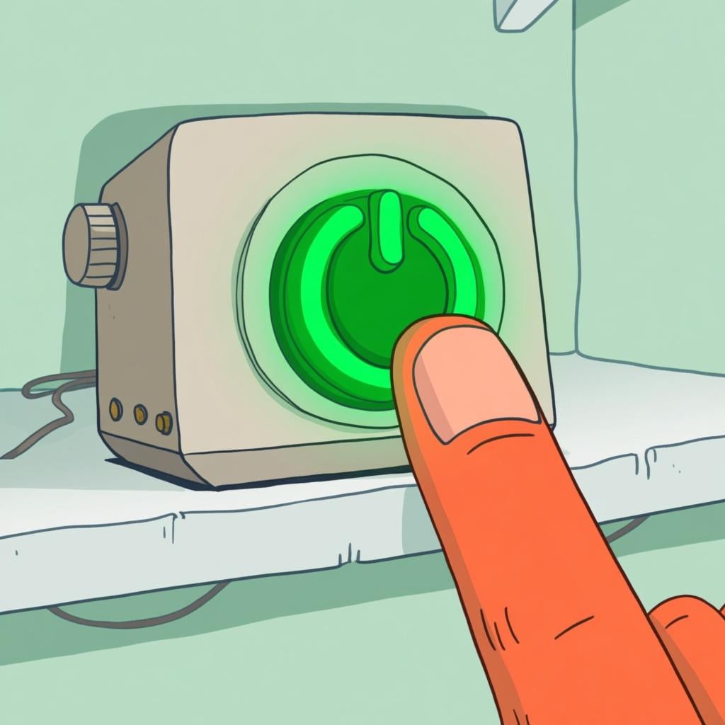 A finger pushing a large, bright power button on a simple, retro-style radio player.