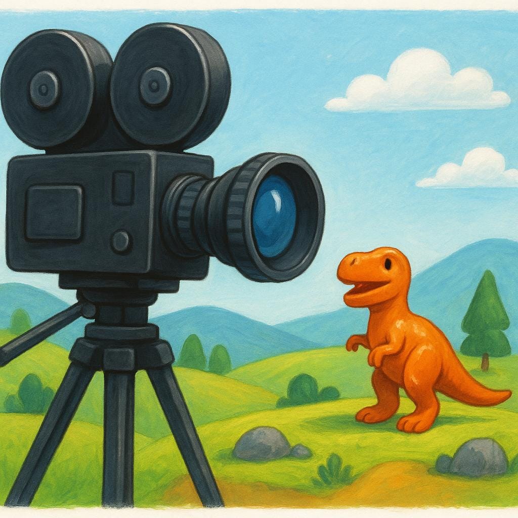 Eine große Filmkamera filmt einen winzigen, detaillierten Plastik-Dinosaurier auf einem bemalten Miniatur-Set, was Spezialeffekte veranschaulicht.