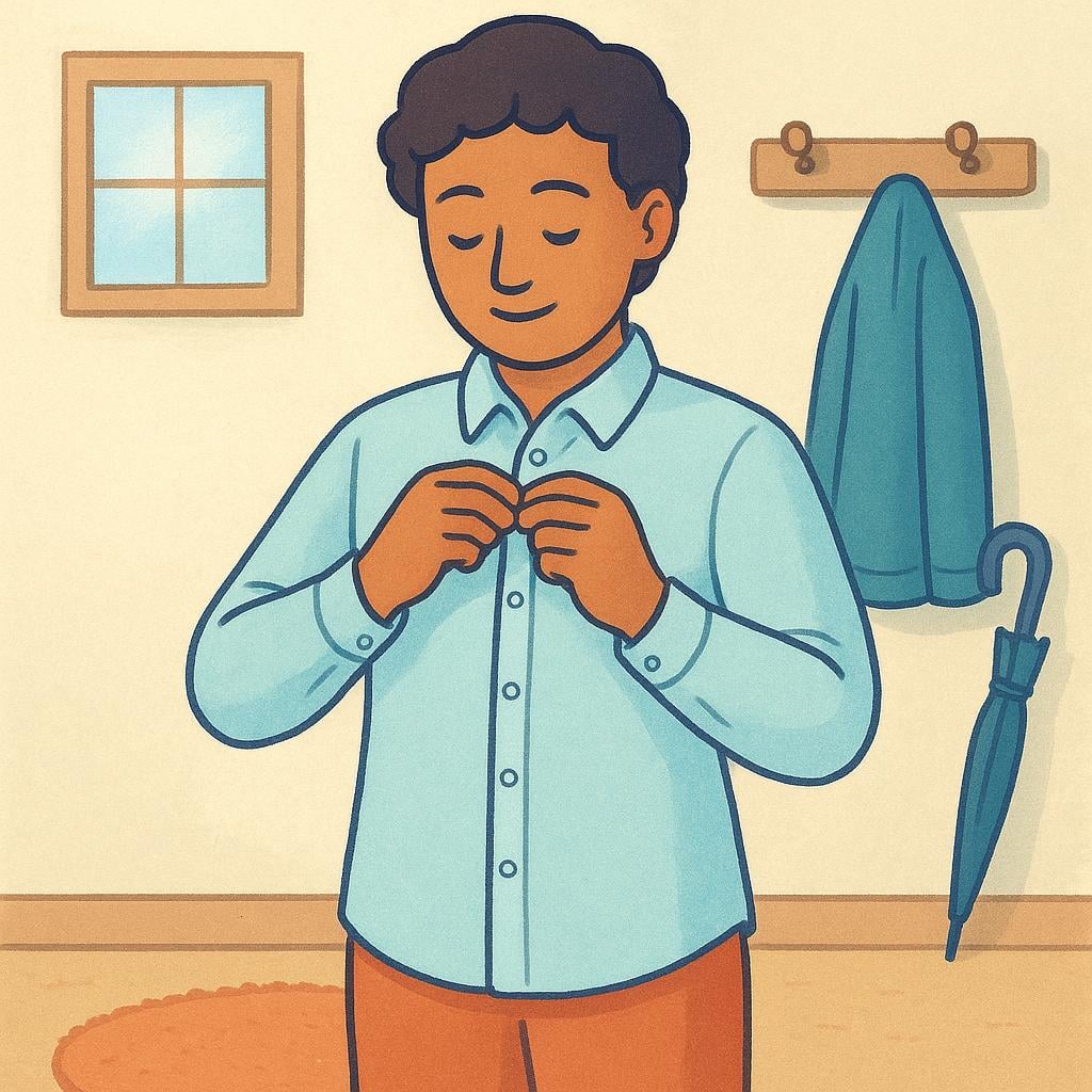 A person standing and fastening the last button on a clean, freshly put-on shirt, preparing to go outside.