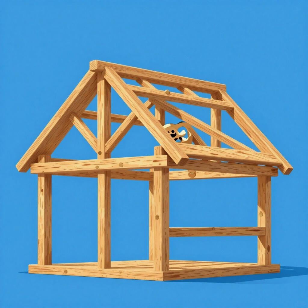 Uma ilustração colorida de um livro de histórias mostrando a estrutura interna de madeira de uma casa simples em construção.