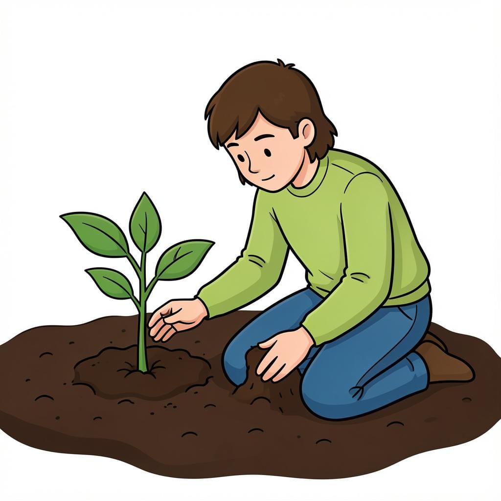 A person carefully planting a small green sapling in a garden.