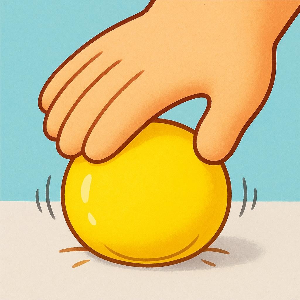 A large, stylized hand is pressing down firmly on a bright yellow, bouncy ball, causing the ball to visibly compress and deform against a flat surface, illustrating physical force per unit area.