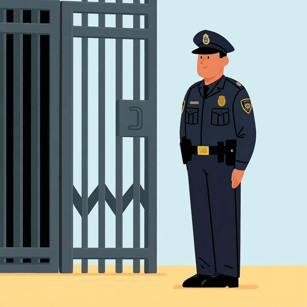 A professional security guard wearing a dark uniform standing watch next to a large, sturdy gate.