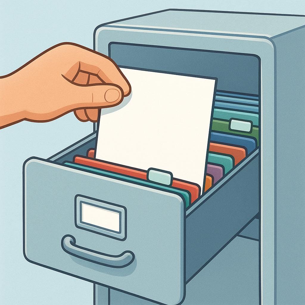 Una mano sta mettendo un documento in un cassetto di un schedario organizzato, illustrando l'azione di archiviare.