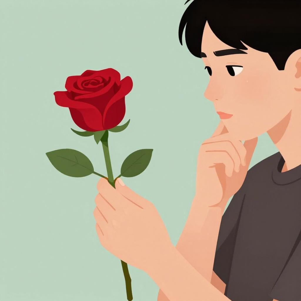 一輪の赤いバラを持ち、熟考するような表情でじっと見つめている人。
