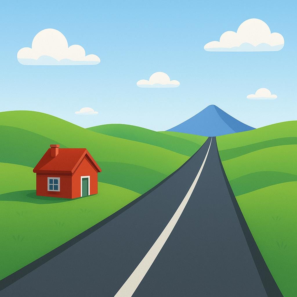 Uma estrada pavimentada, reta e clara, cortando diretamente colinas verdes, conectando uma casa pequena a uma montanha distante, simbolizando uma rota direta.