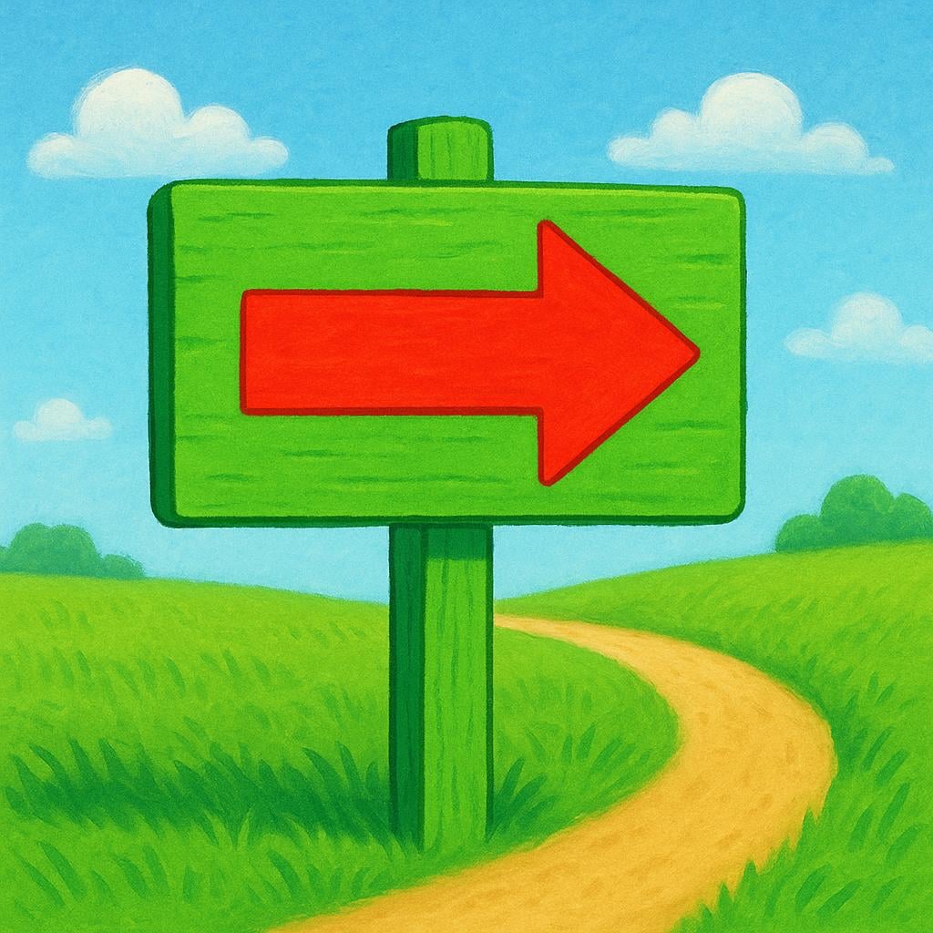 A bright green road sign pointing sharply to the right, indicating a change in direction.