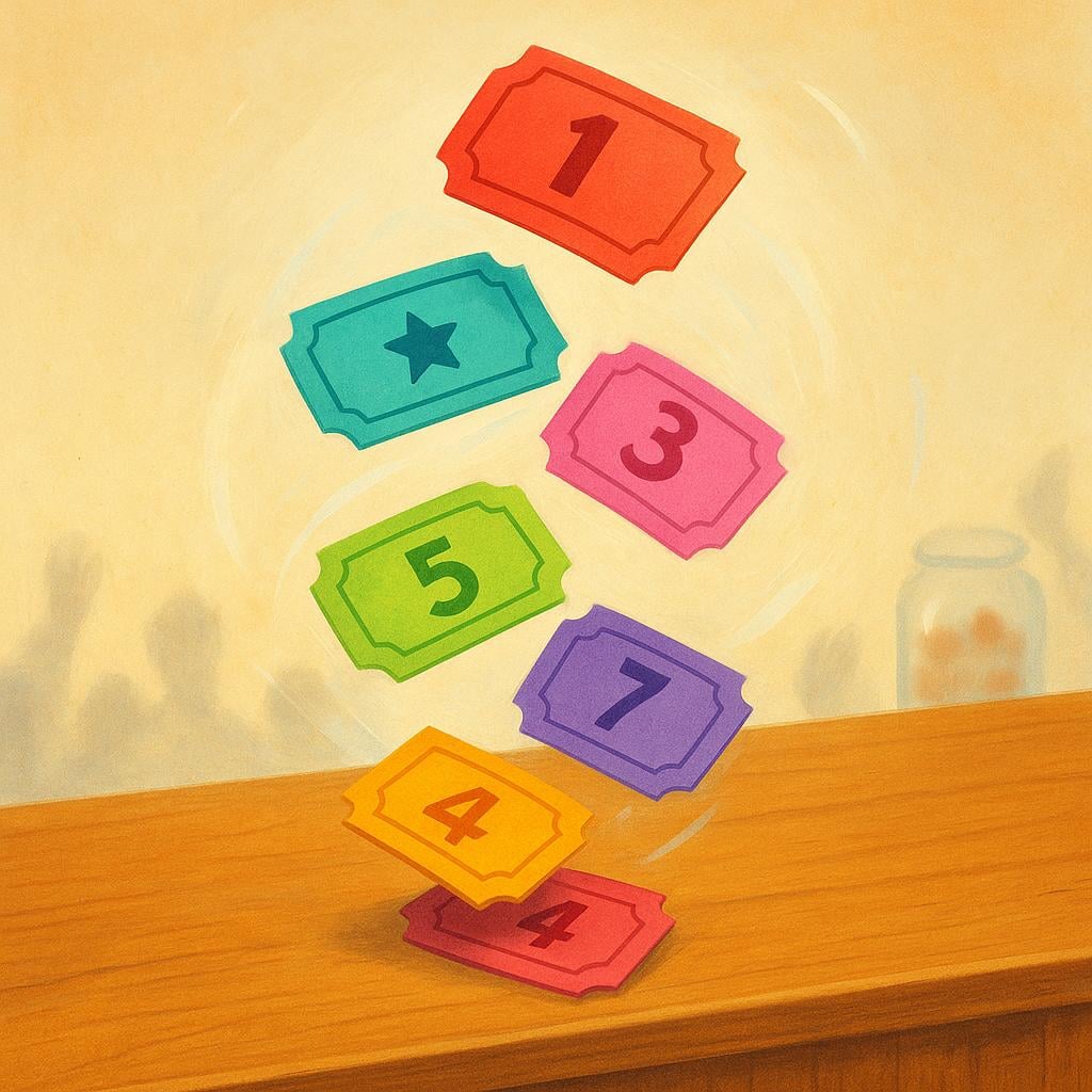 A small stack of brightly colored tickets rapidly lifting off and floating away from a simple wooden counter, suggesting they are selling out.