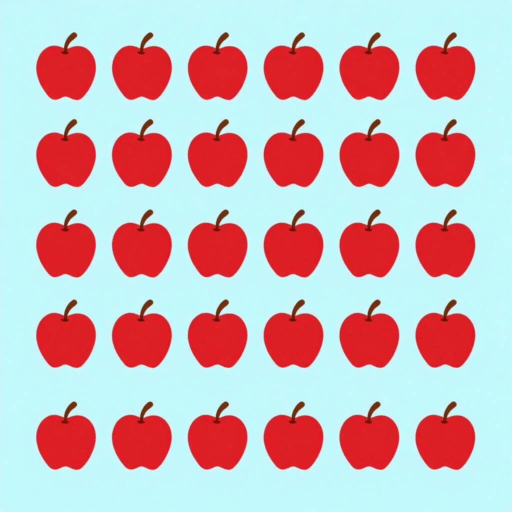 A collection of twenty-four bright red apples arranged in a neat grid.