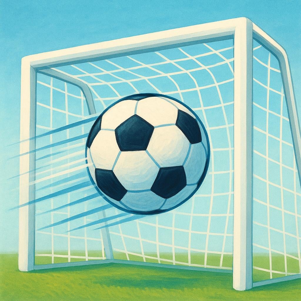 A bright soccer ball flying through the air and just entering the white netting of a soccer goal.