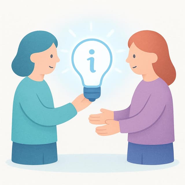 A simplified illustration showing one person giving a glowing lightbulb (representing information) to another person.