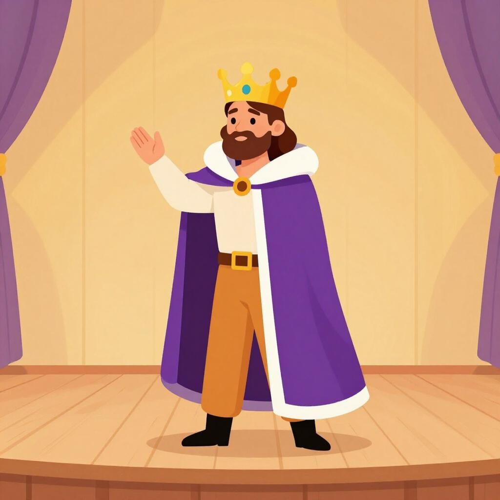 An actor on a stage wearing a crown and a royal purple cape, portraying a king.