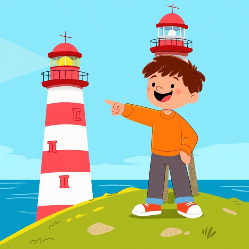 A person smiling confidently while pointing toward a large, familiar lighthouse on a sunny coast.