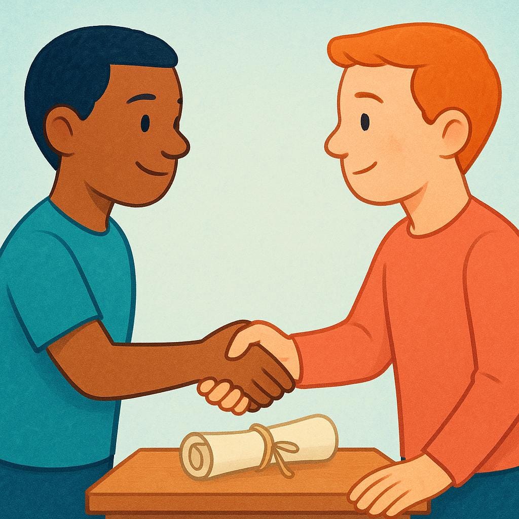 Two stylized figures shaking hands firmly across a table, symbolizing an agreement or plan.