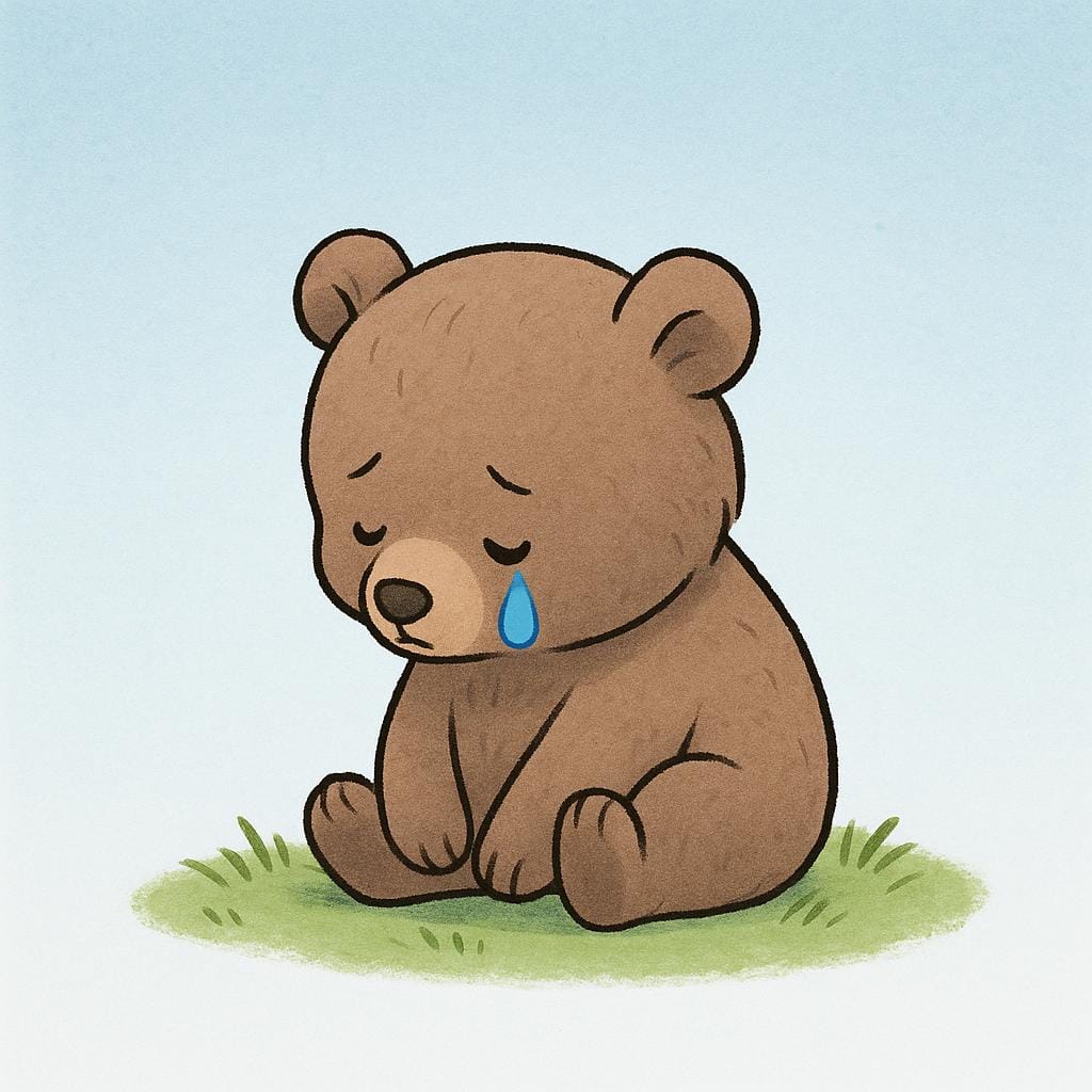 A small, cartoonish bear sitting alone with a downturned mouth and a single tear drop falling from its eye, illustrating the emotion of sadness.