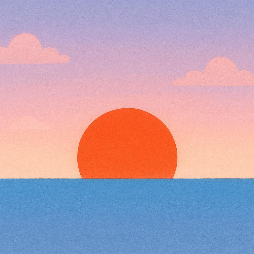 A large, deep orange sun sinking below a flat horizon, indicating that the day is getting late.