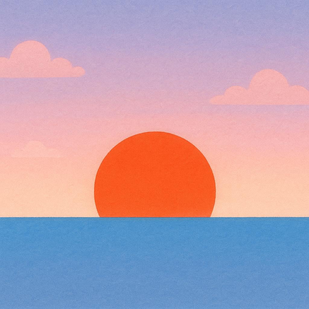 A large, deep orange sun sinking below a flat horizon, indicating that the day is getting late.