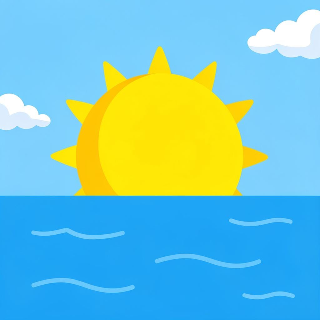 A vibrant yellow sun rising over a calm blue ocean horizon.