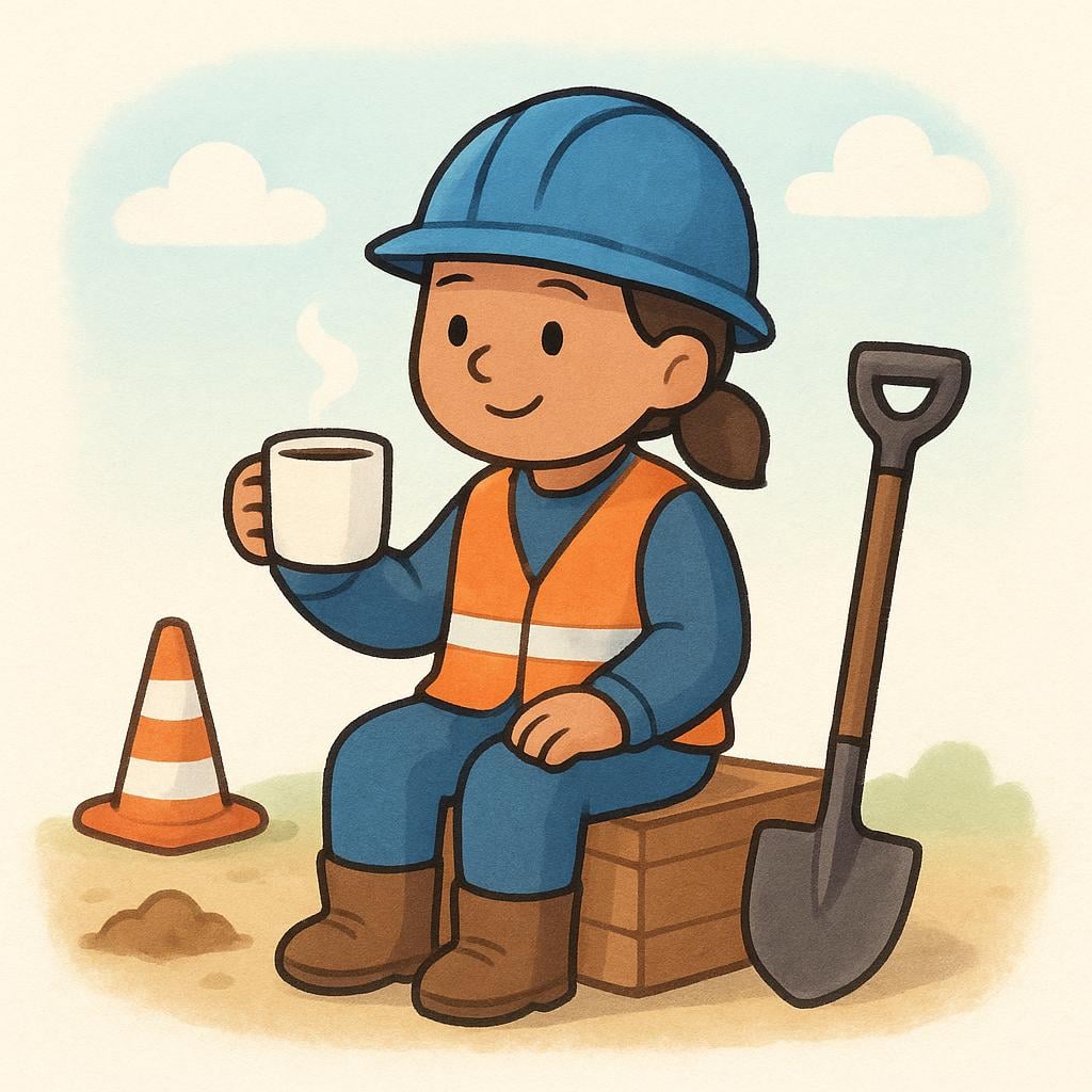An illustration of a worker taking a break, sitting down and resting during a halt in activity.