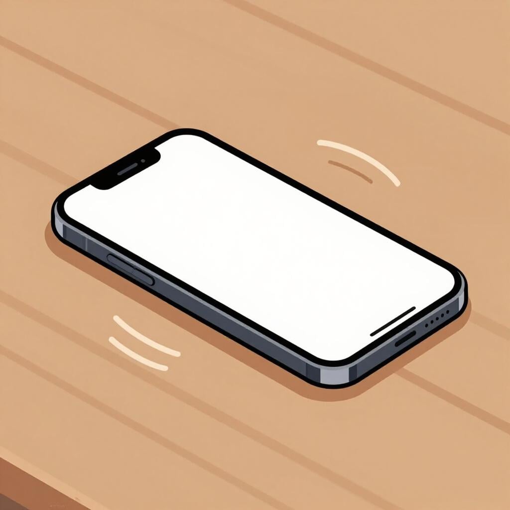 A smartphone on a wooden surface with small motion lines indicating it is vibrating.
