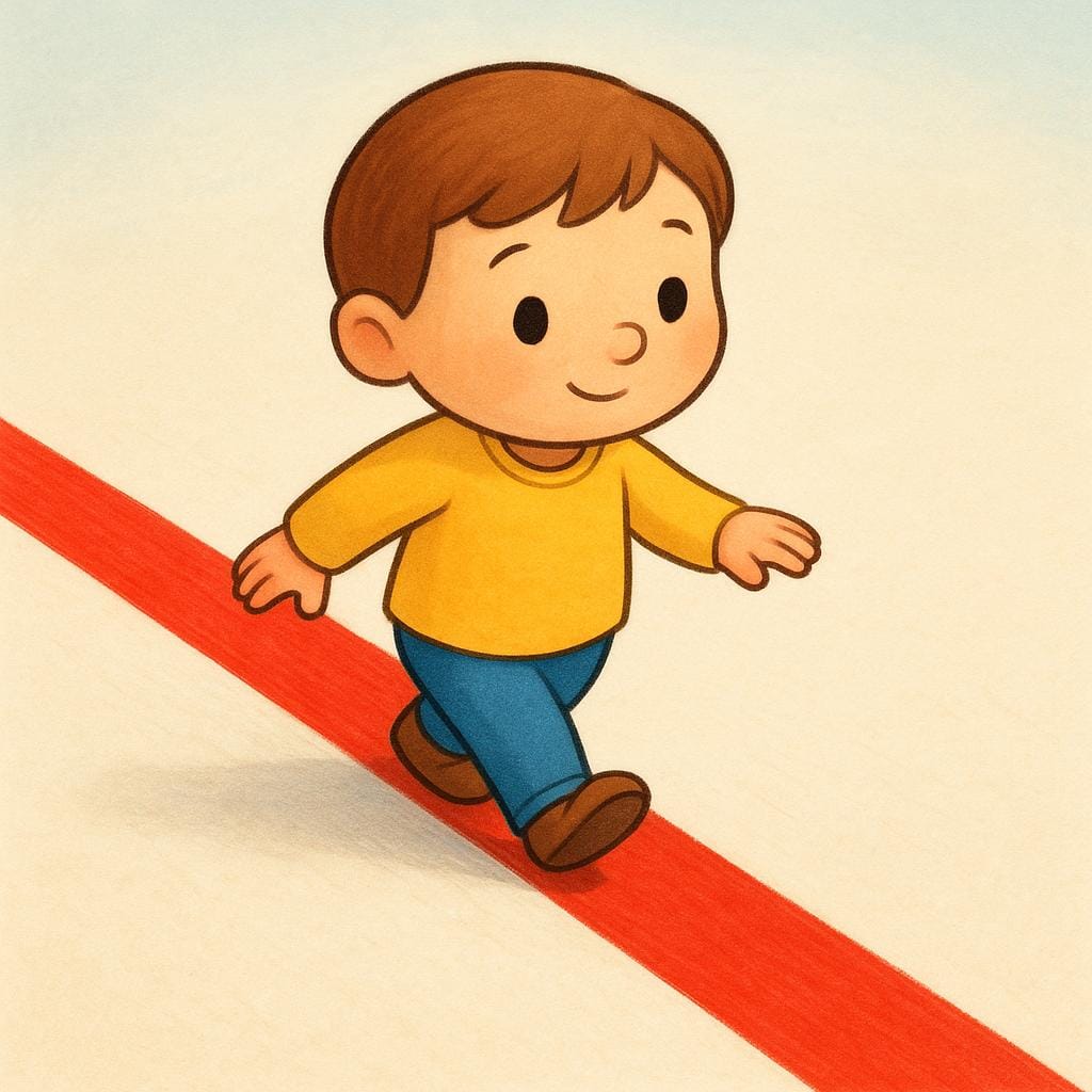 A small cartoon figure meticulously walking along a straight, brightly colored line painted on the ground, representing adherence to official rules.