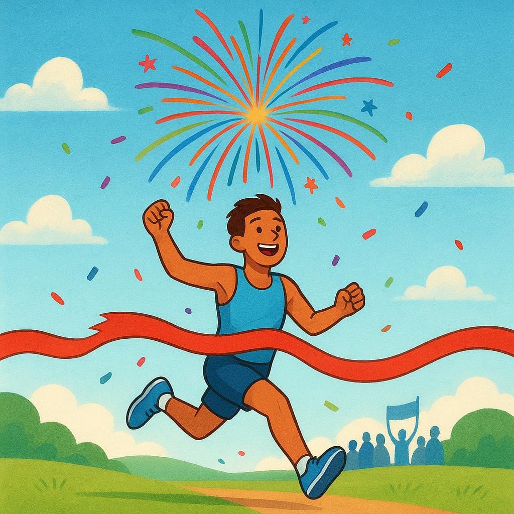 A storybook illustration showing a runner crossing a finish line simultaneously with a colorful firework exploding directly above them in the night sky.