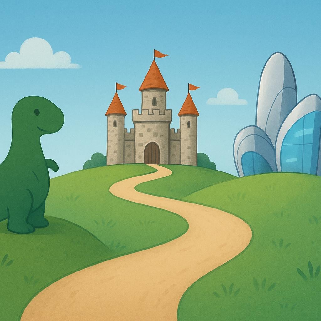 A winding path illustrating different historical eras, featuring a large silhouette of a dinosaur representing prehistory, a medieval stone castle, and a stylized futuristic silver building.