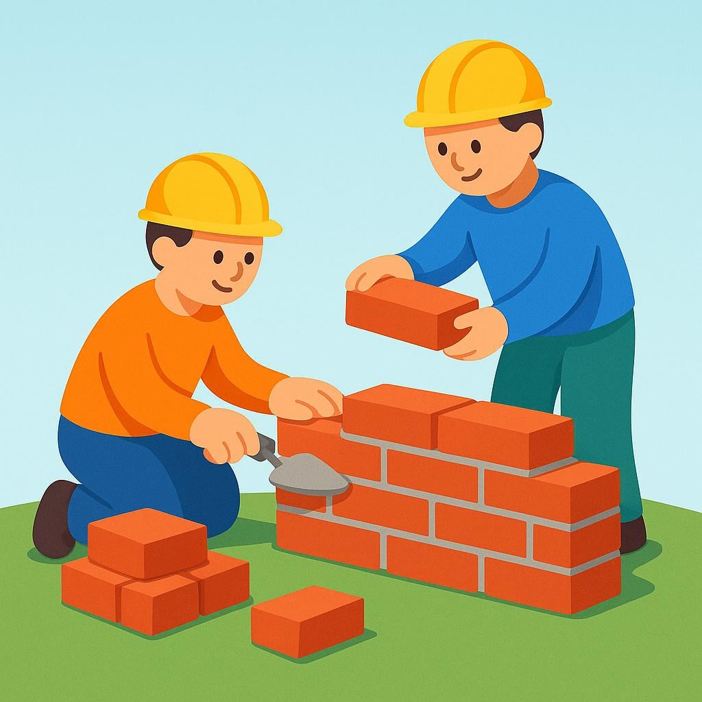 Two simplified figures wearing yellow hard hats are actively laying red bricks to build a low wall, illustrating the process of construction.