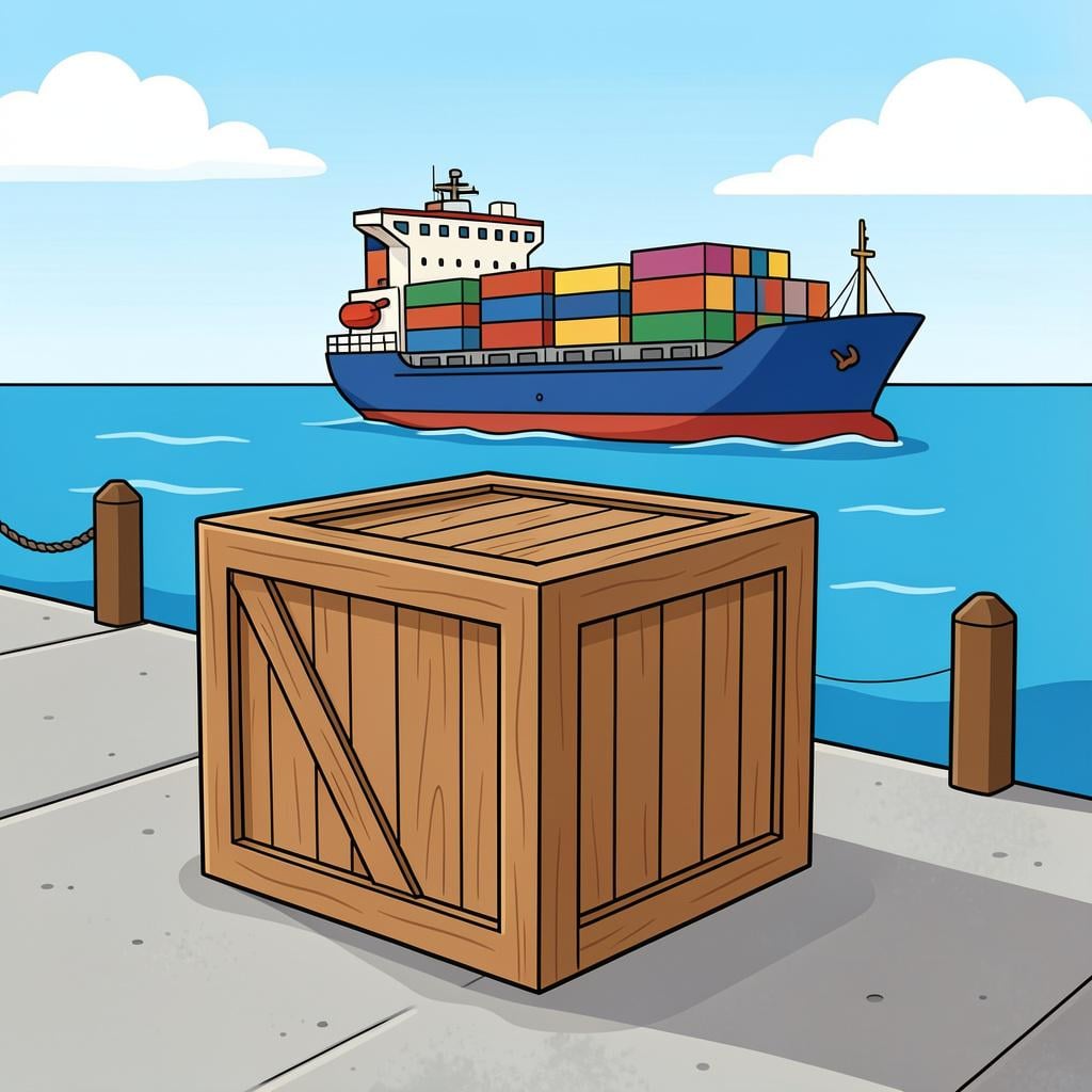 A wooden crate sitting on a shipping dock with a large cargo ship in the background.