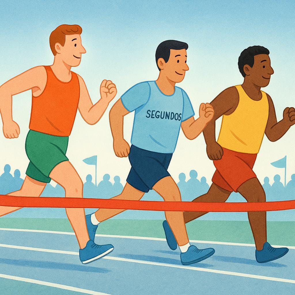 Trois groupes de coureurs masculins franchissent une ligne d'arrivée. Le groupe du milieu est mis en évidence pour montrer qu'il s'agit du 'deuxième' groupe dans une séquence.