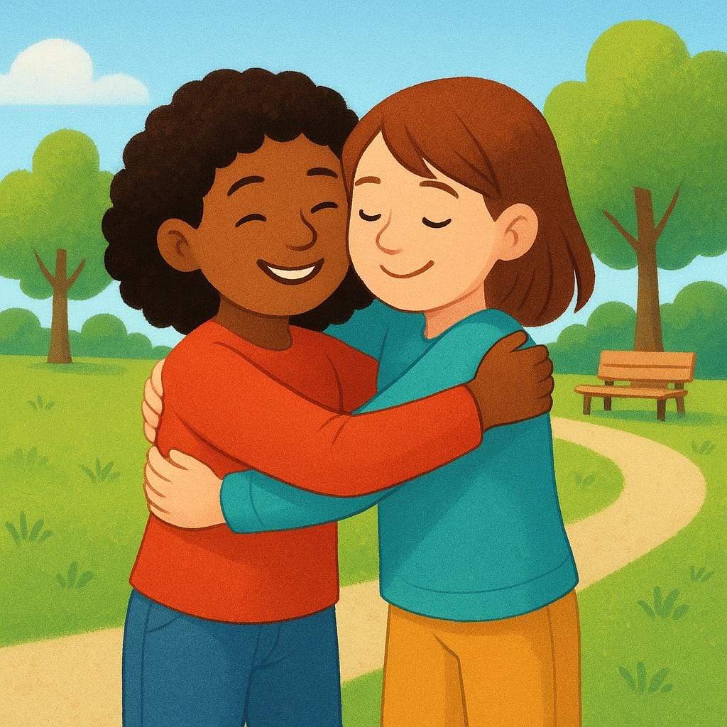 Deux individus, potentiellement amis ou frères et sœurs, partageant un câlin chaleureux et affectueux, souriant joyeusement l'un à l'autre, représentant l'amour et le soin profond futurs.