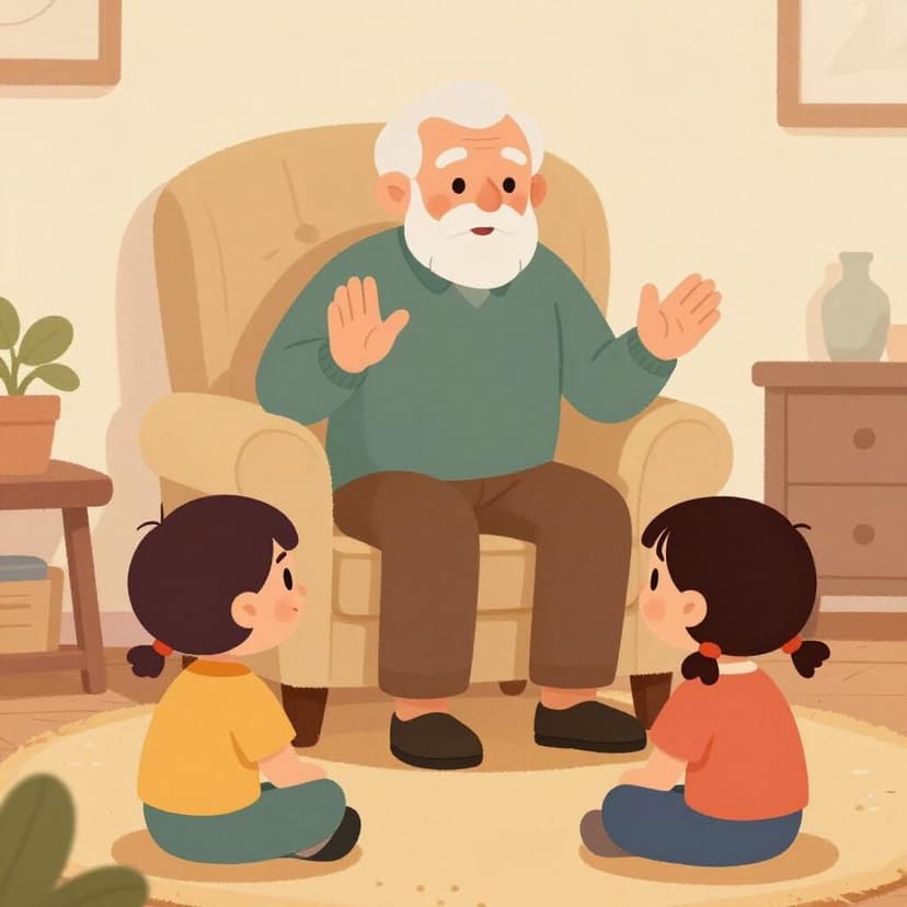 Un grand-père assis dans un fauteuil confortable, racontant avec animation une histoire à deux jeunes enfants assis sur un tapis devant lui.