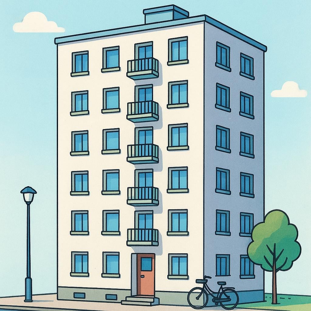 A tall, multi-story urban apartment building with many identical windows and small balconies, common in city blocks.