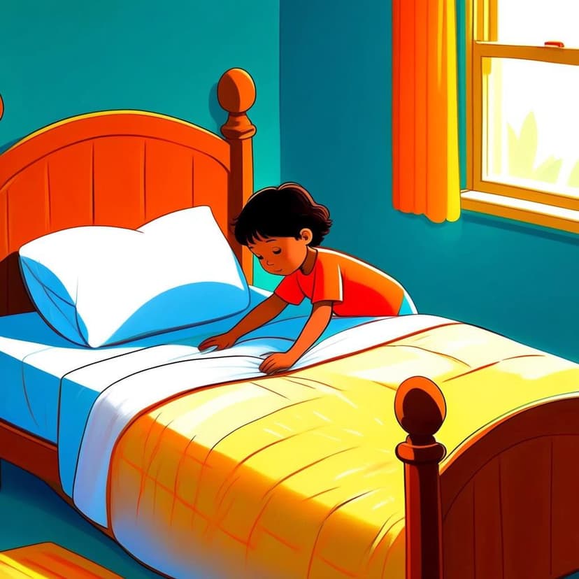A child in a bright room diligently tucking the sheets and smoothing the blanket to make their bed.