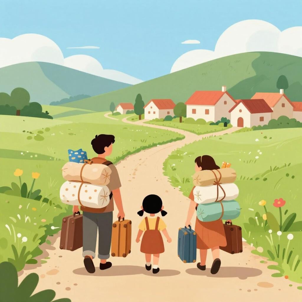 Uma família a caminhar por um caminho de terra, carregando pesados fardos e malas, afastando-se de uma pequena aldeia.