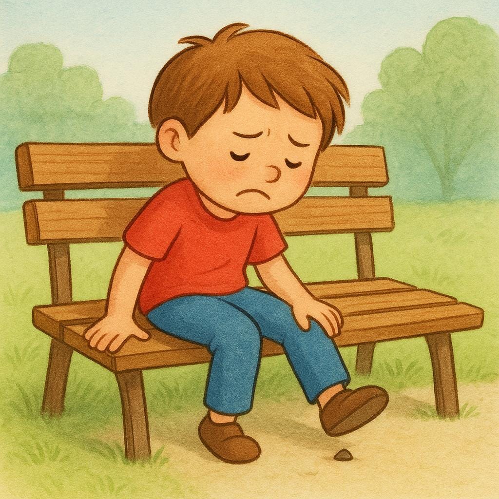 A child sitting uncomfortably on a bench, frowning and shifting due to a small object causing physical unease.