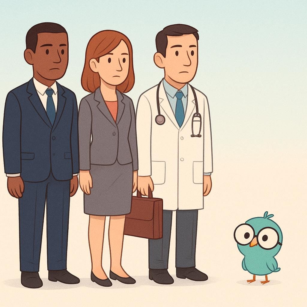 A line of three tall, serious-looking experts wearing glasses, standing next to a single, small, surprising element: a tiny, confused cartoon bird also wearing oversized glasses, illustrating the concept of 'even' the unexpected element.
