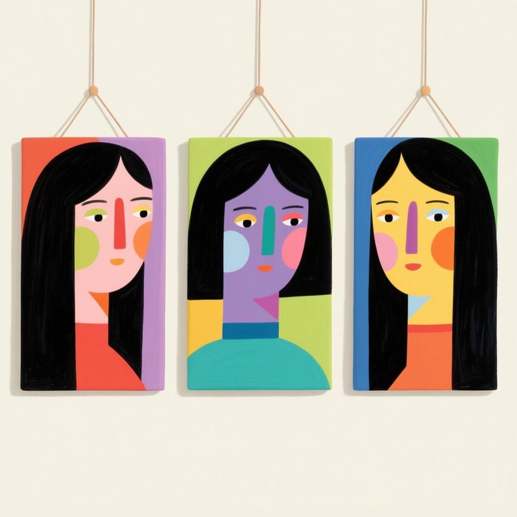 Three stylized portraits of different people, all rendered using the exact same distinctive, thick, geometric brushstrokes and a muted color palette, illustrating a shared artistic style or school of thought.