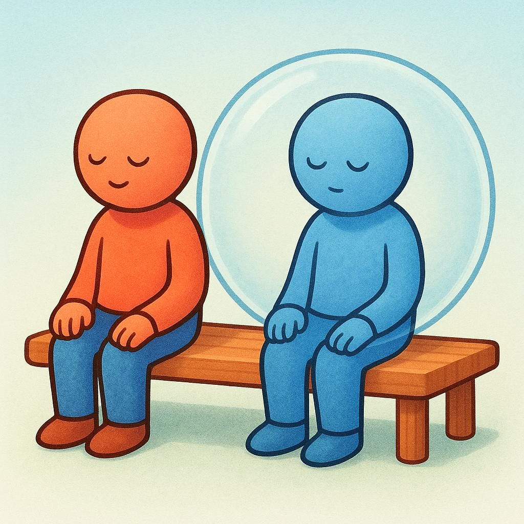 A storybook illustration of two simplified figures sitting side-by-side on a wooden bench. One figure is enclosed within a faint, transparent bubble, emphasizing their emotional detachment from the other figure.