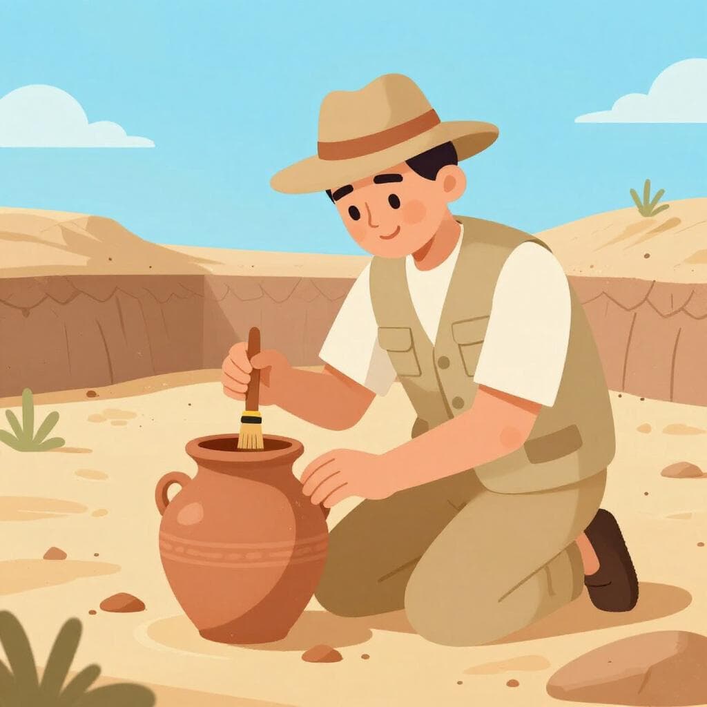 Um arqueólogo homem escovando cuidadosamente a poeira de uma antiga jarra de cerâmica em um sítio de escavação arenoso.