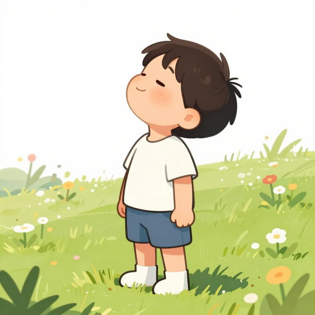 A child standing in a lush green meadow, eyes closed, taking a deep breath of fresh air.