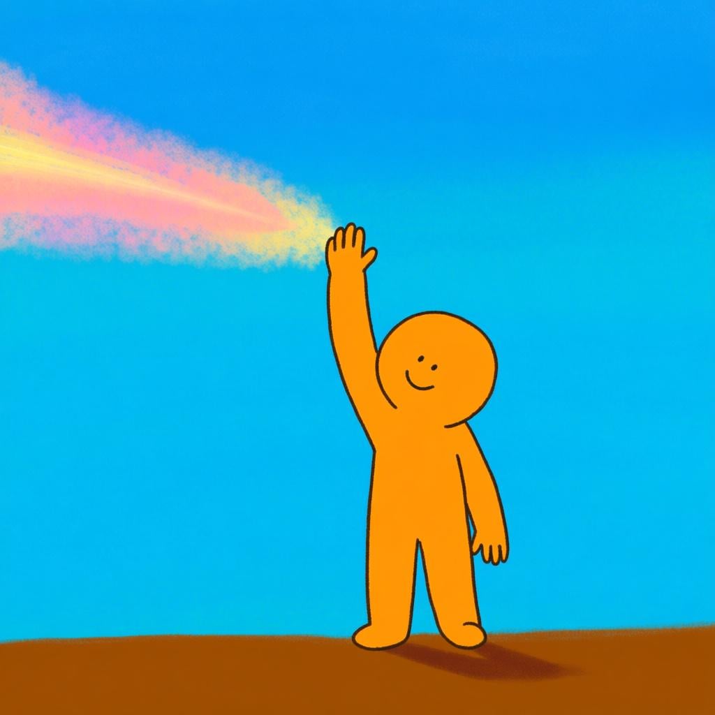 A strong, determined figure standing on solid ground, reaching their hand confidently upward toward a soft, glowing, colorful boundary line in the sky, representing the extent of what is achievable.