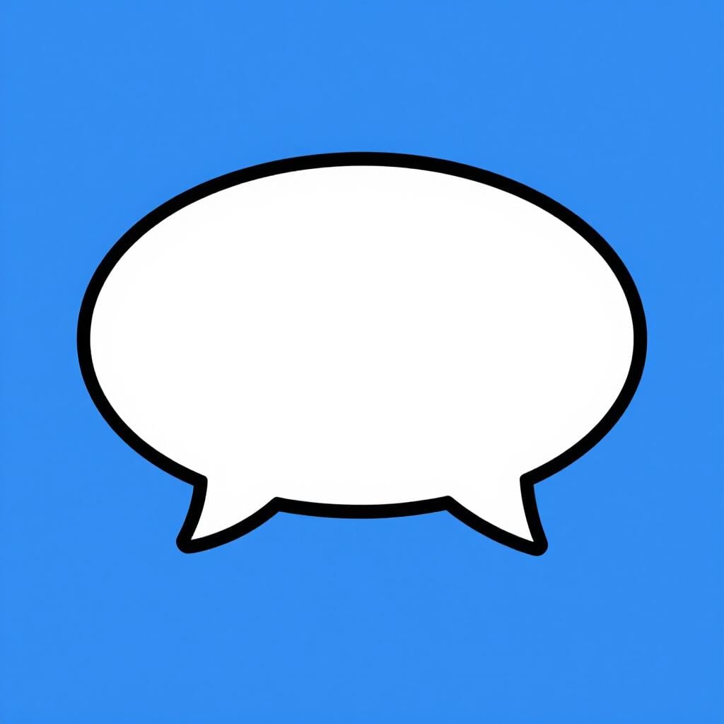 An empty white speech bubble with a pointed tail on a solid blue background.
