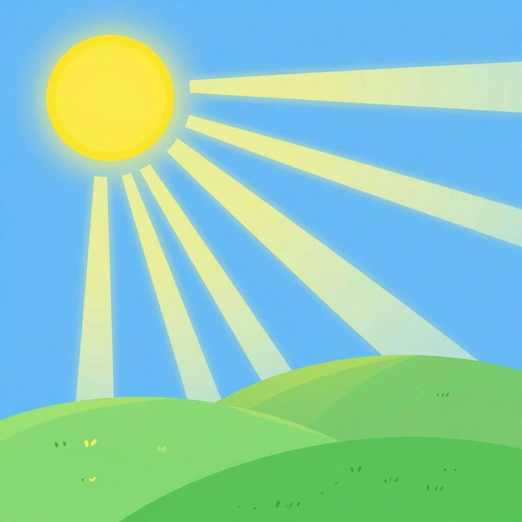 Bright yellow sunbeams shining down through a clear blue sky onto a green field.