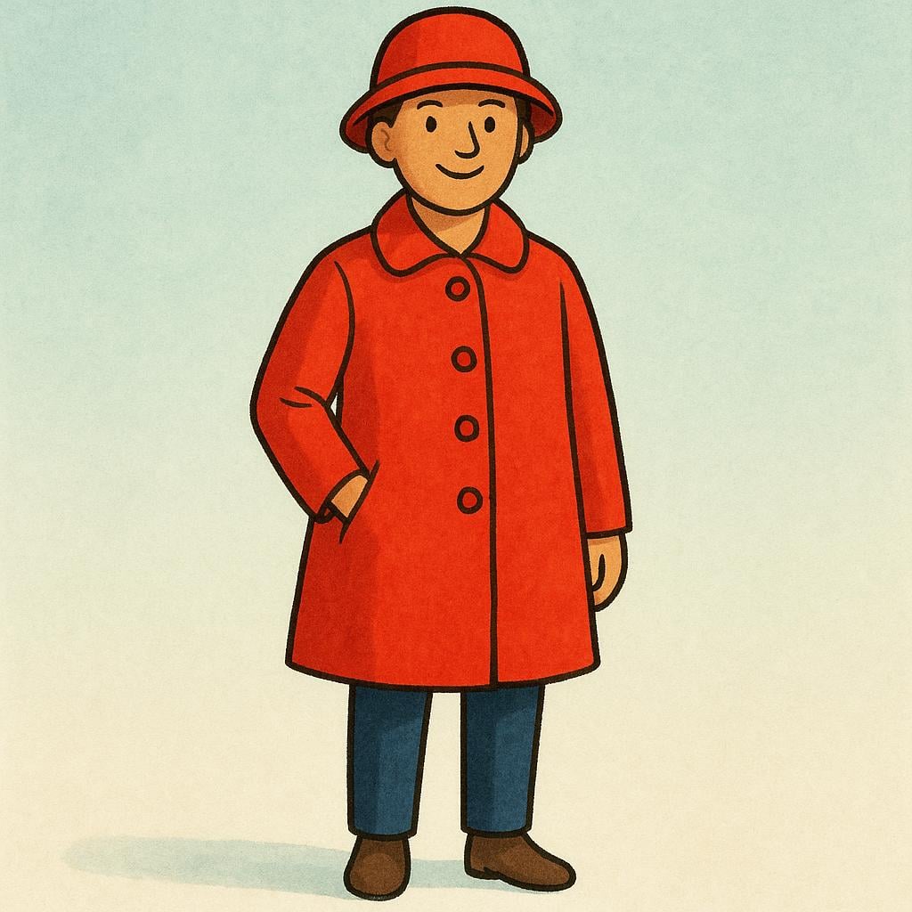 A high-quality storybook illustration of a confident person wearing a bright red coat and a matching hat, emphasizing their distinct physical appearance.